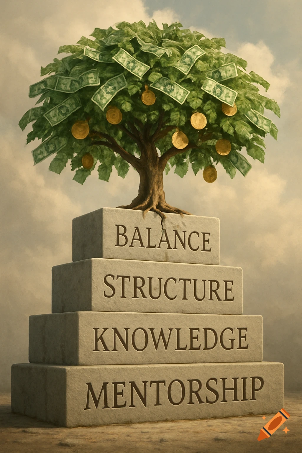 A money tree with dollar bills and gold coins for fruit, growing from stone blocks inscribed with 'BALANCE', 'STRUCTURE', 'KNOWLEDGE', 'MENTORSHIP'.