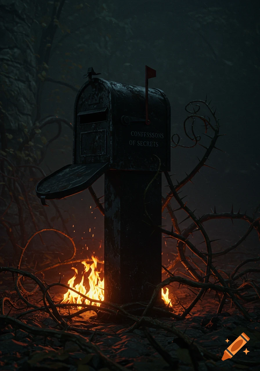 A dark, rusty mailbox with an open lid stands in an eerie forest, surrounded by thorny vines and fire at its base. The text "CONFFSSSIONS OF SECRETS" is on its side.