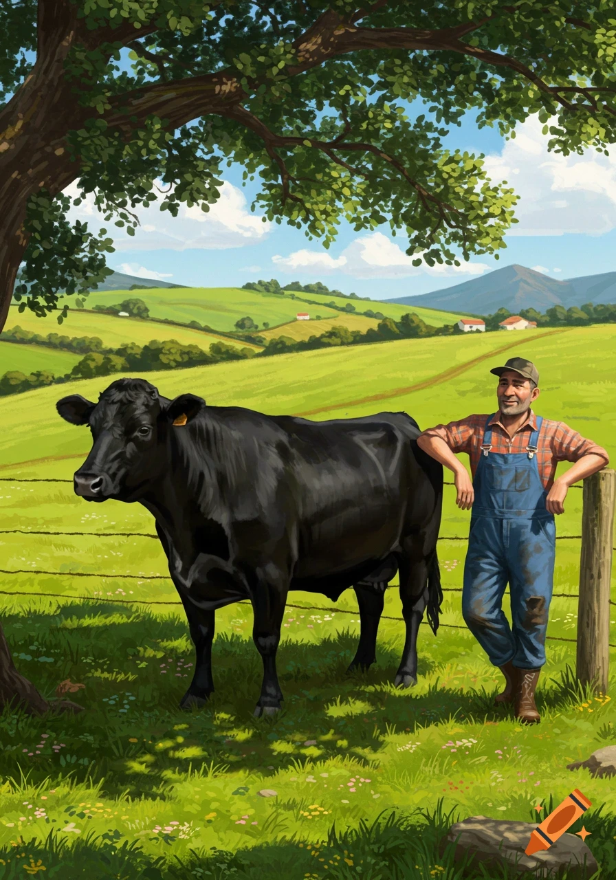 An illustration of a smiling farmer in overalls leaning on a fence post next to a black cow in a sunny, green pasture with rolling hills.