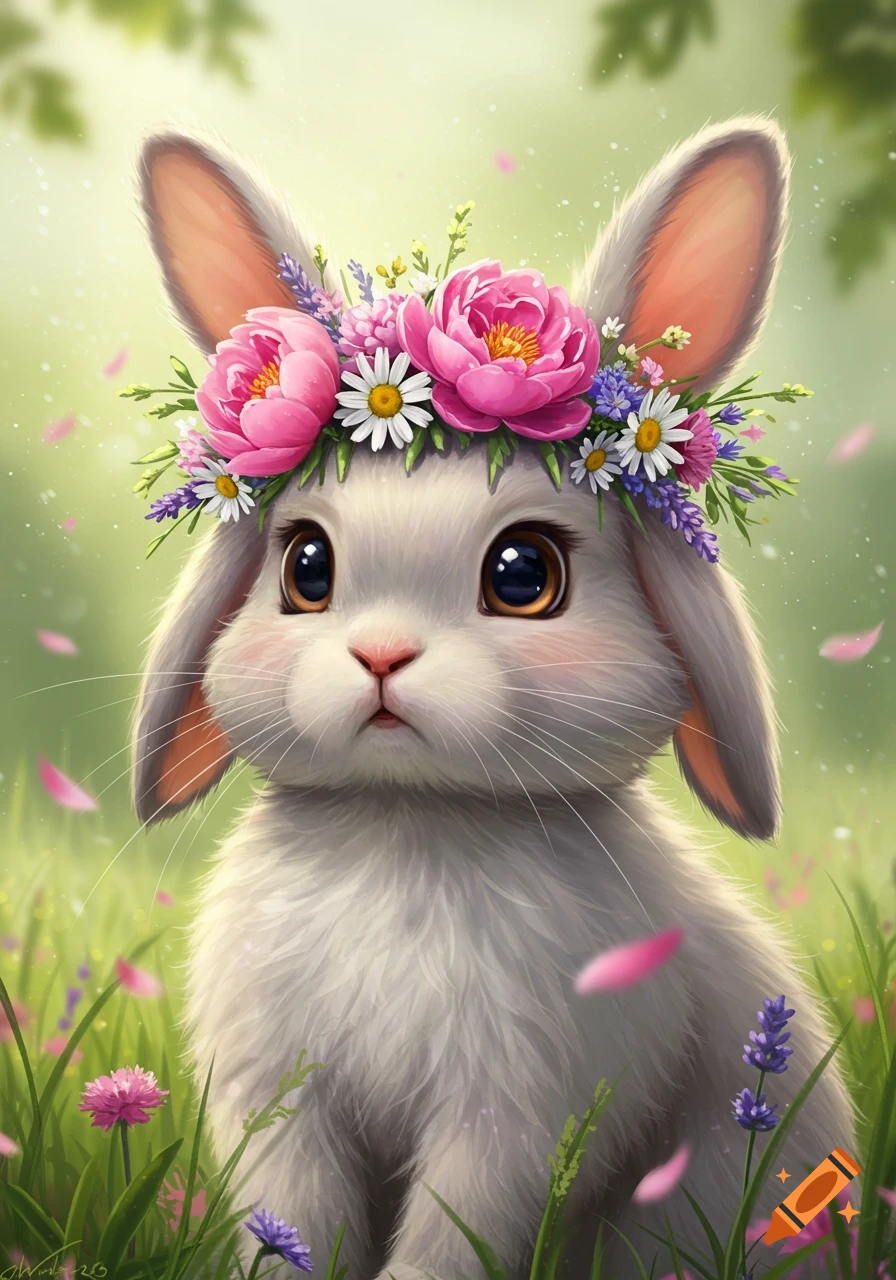 A cute, fluffy grey and white bunny wears a crown of pink peonies and white daisies in a wildflower field with falling petals, cartoon style.
