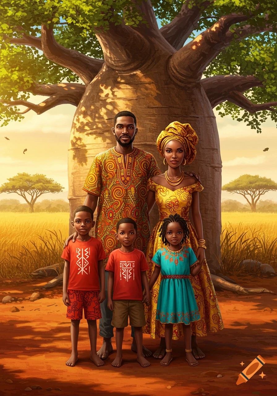 Digital illustration of an African family of four (parents, two sons, one daughter) standing by a baobab tree in a sunny savanna.