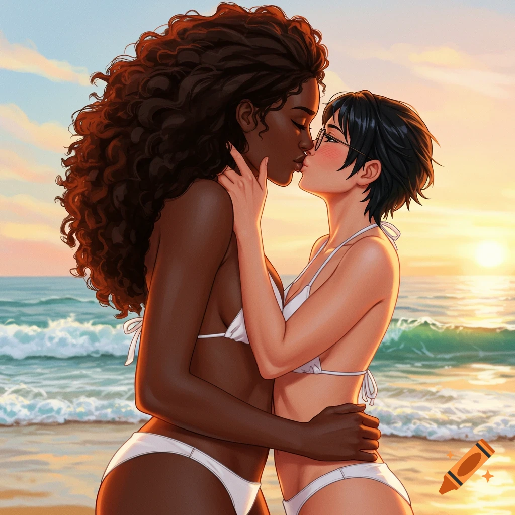Digital illustration of two women in white bikinis kissing on a beach at sunset.