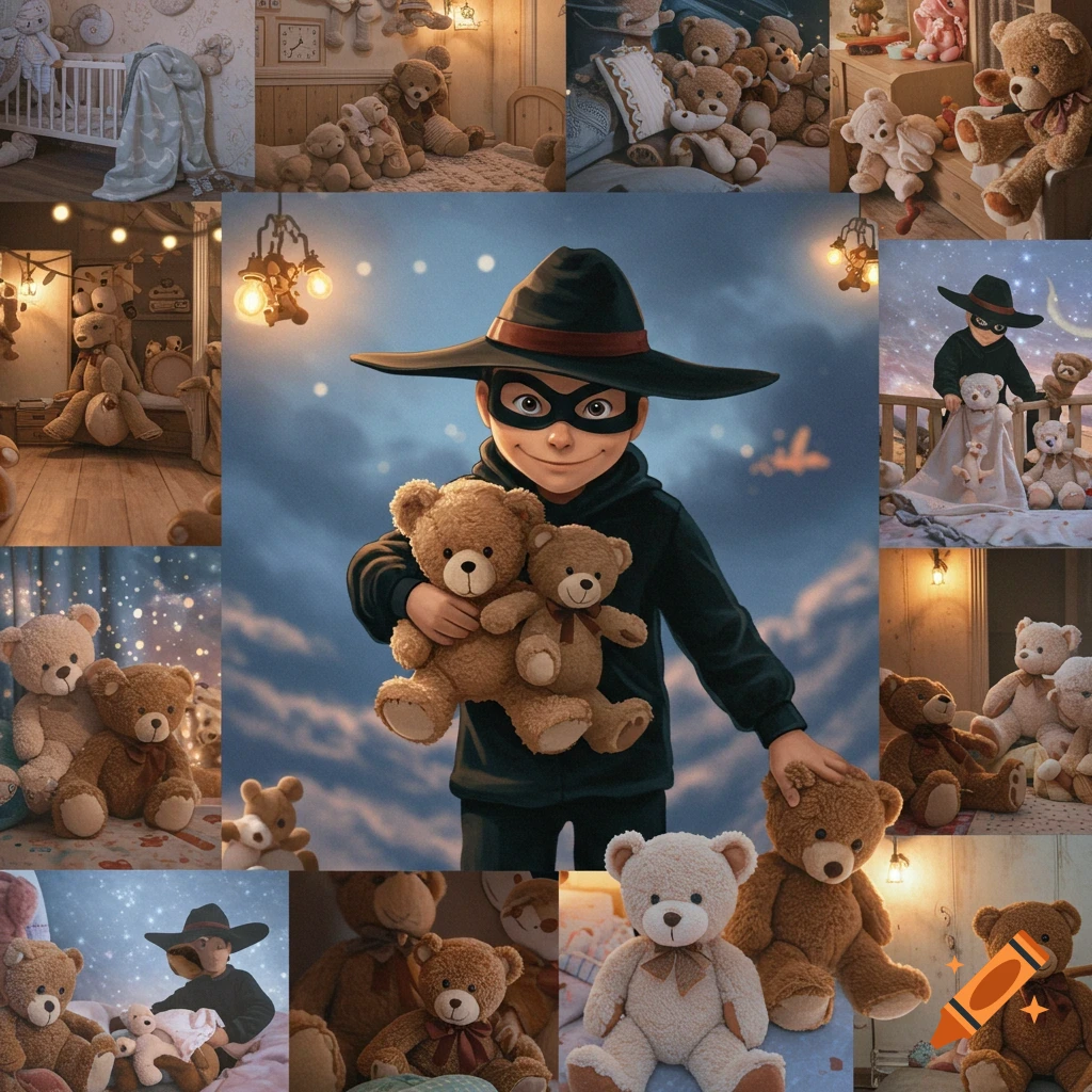 A collage of illustrations showing a masked child in a wide hat holding teddy bears, amidst various scenes of teddy bears in cozy, whimsical settings.