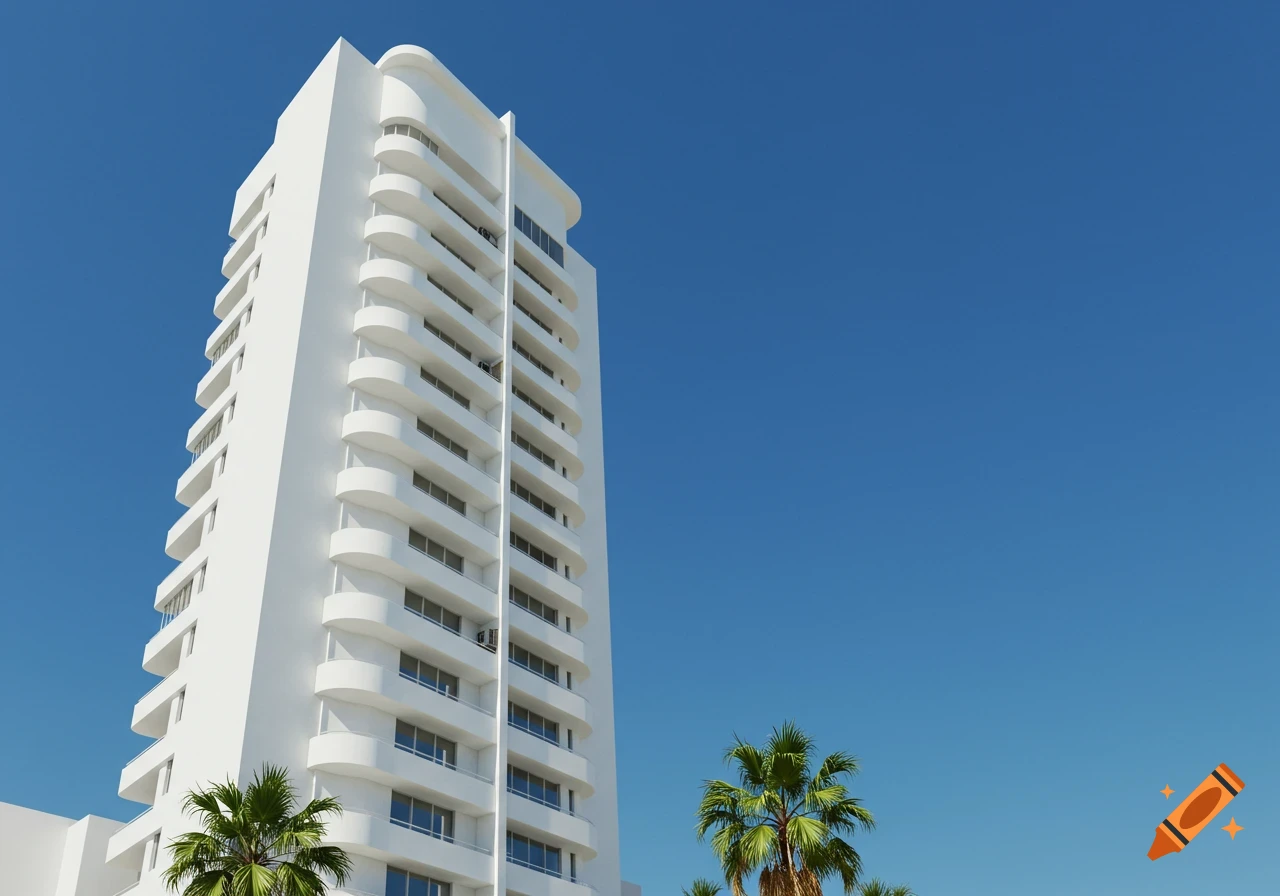 A tall, modern white skyscraper with rounded balconies stands against a clear blue sky, with palm trees in the foreground.