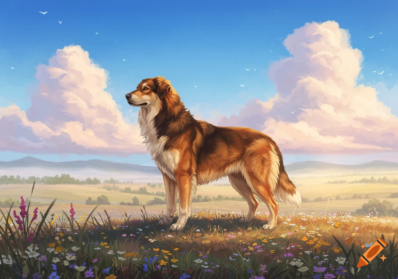 An illustrative painting of a brown and white dog standing in a field of wildflowers under a bright blue sky with fluffy clouds.