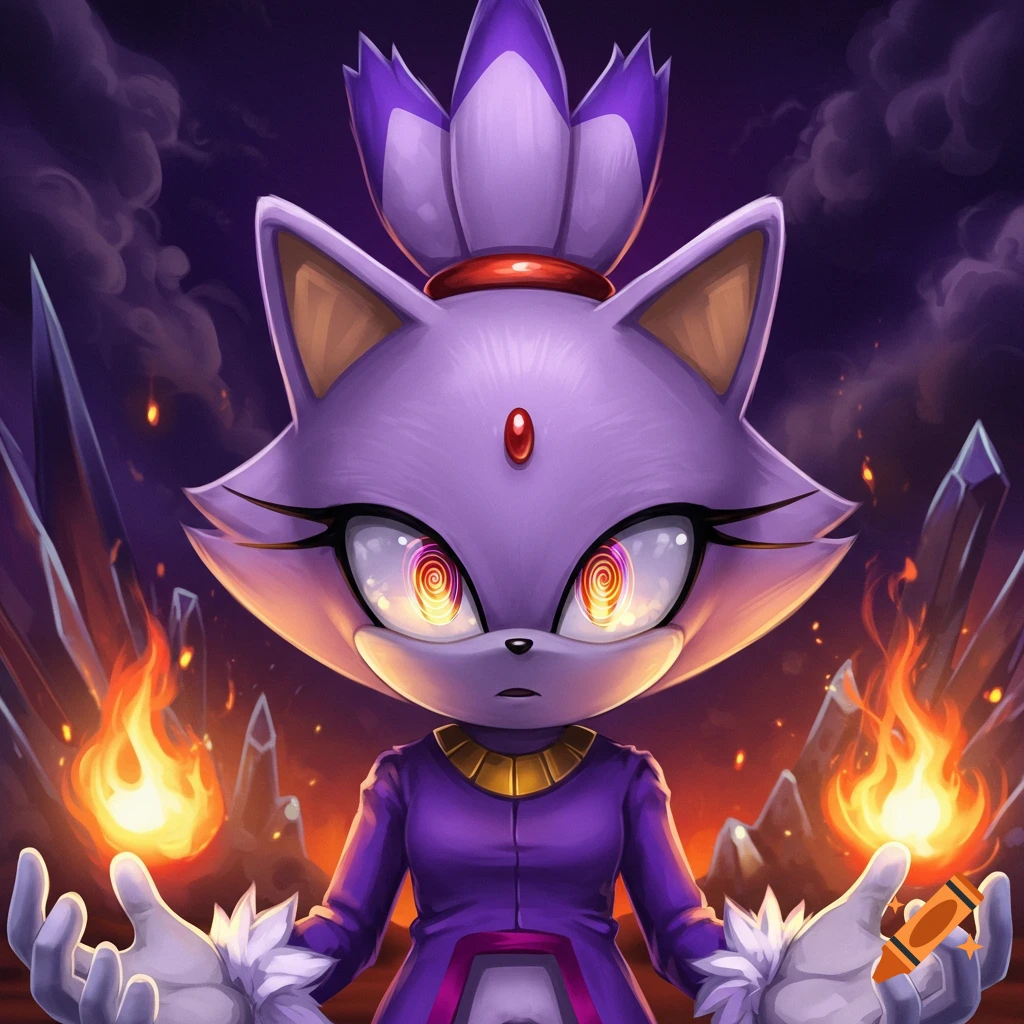 Blaze the Cat with hypnotic swirling eyes, conjuring fire, against a dark, crystal-filled, fiery background in anime style.