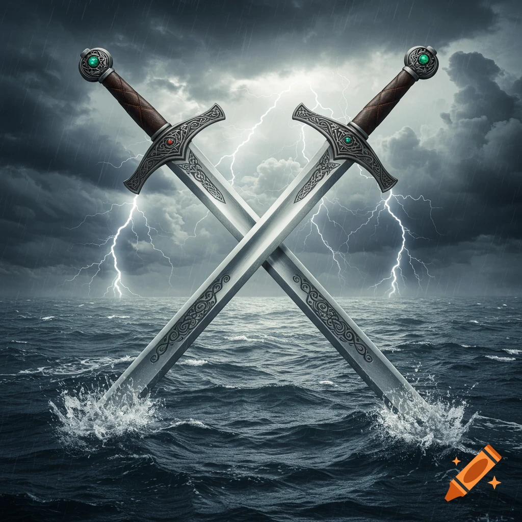 Two ornate swords with jeweled pommels crossed in a stormy dark ocean under a lightning-filled sky. Water splashes where the blades enter the waves.