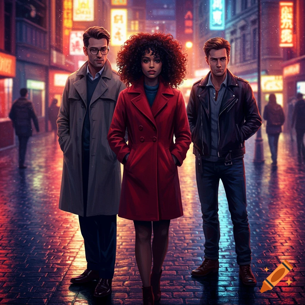 Three people, a woman in a red coat and two men, stand on a wet, neon-lit city street at night, digital art.