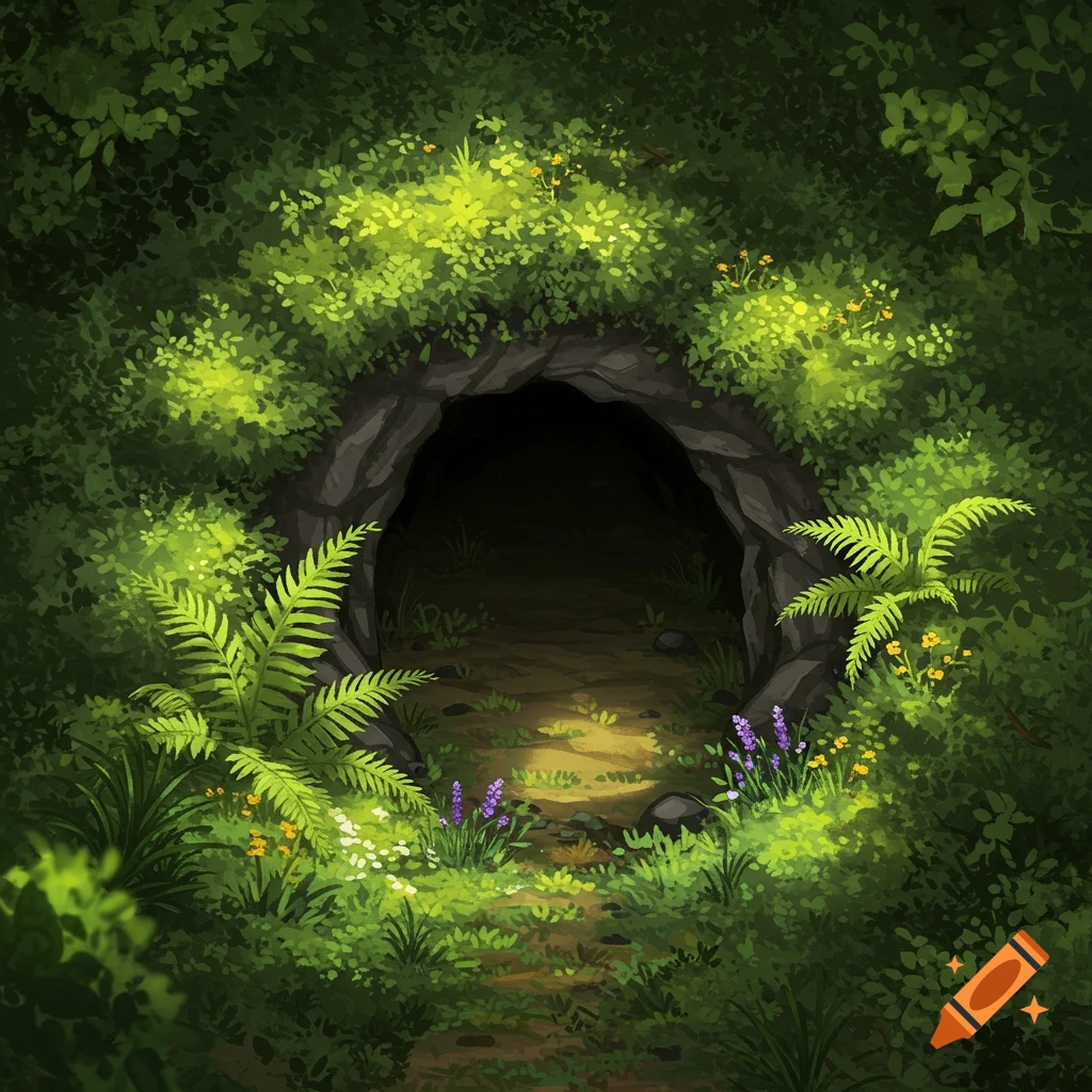 Illustrated cave entrance nestled in a lush green forest with ferns and wildflowers, bathed in dappled light.