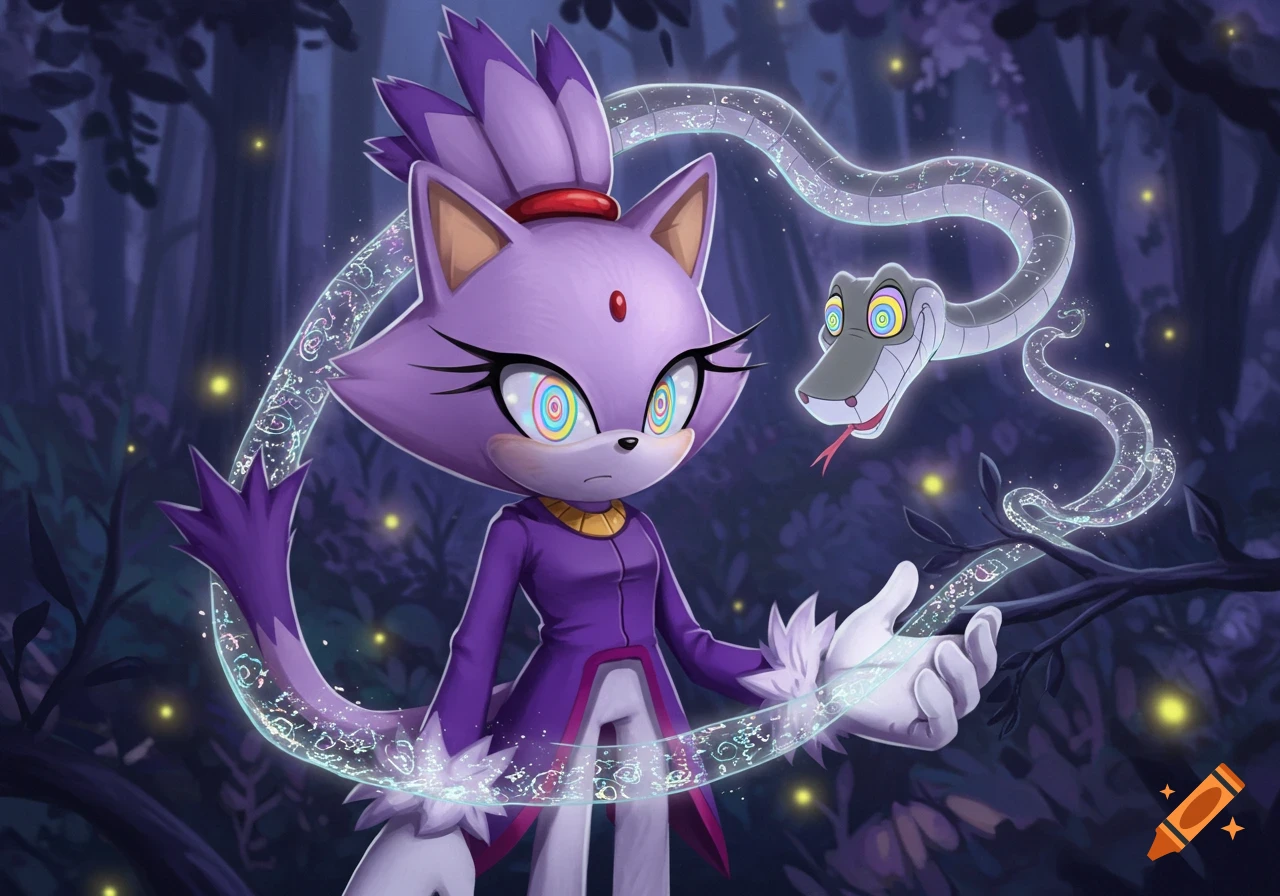Blaze the Cat with spiral hypnotic eyes, standing in a dark forest, mesmerized by a floating Sir Hiss. Glowing magical symbols surround Blaze.