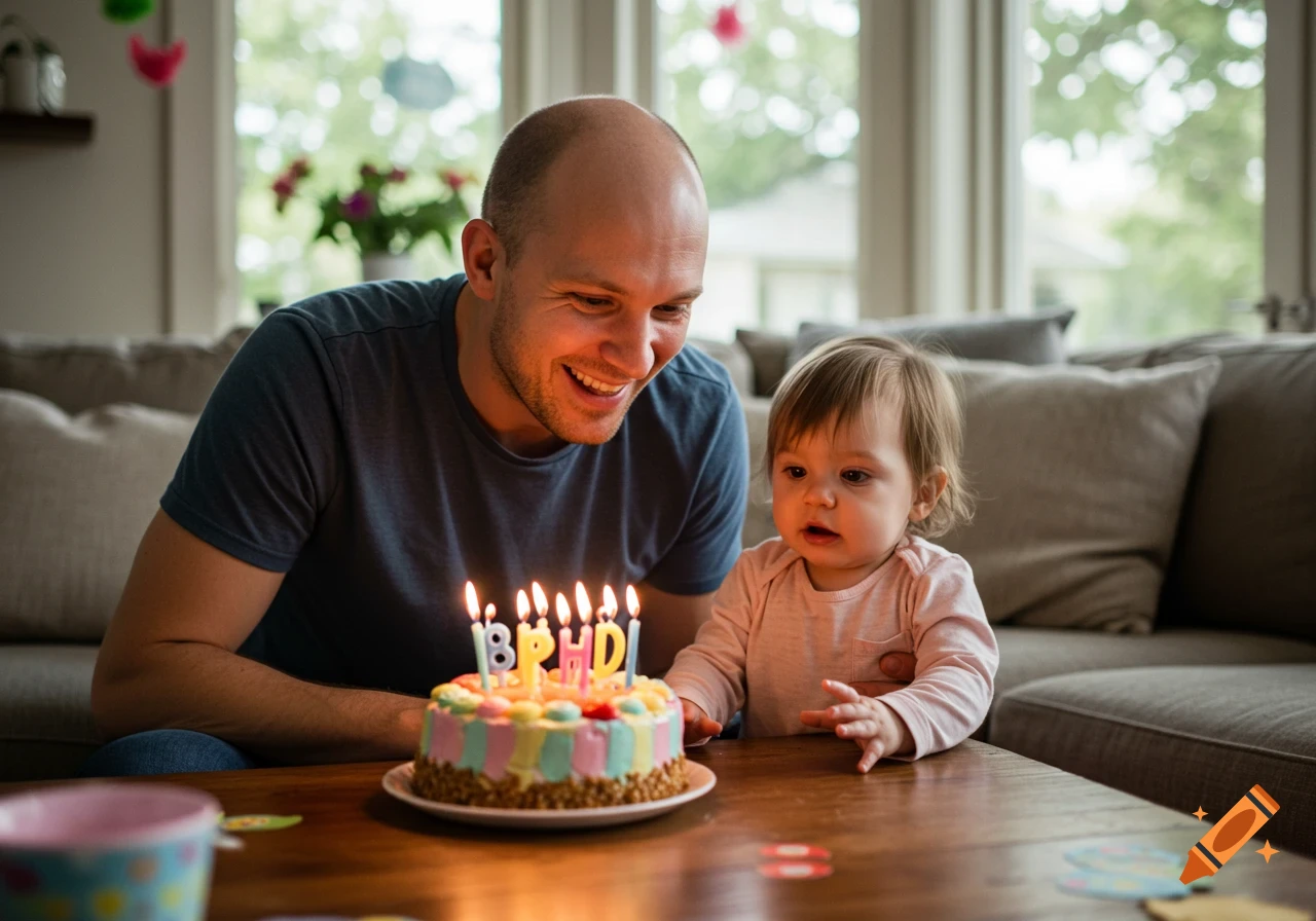 A smiling bald man and a baby girl look at a colorful birthday cake with lit candles.