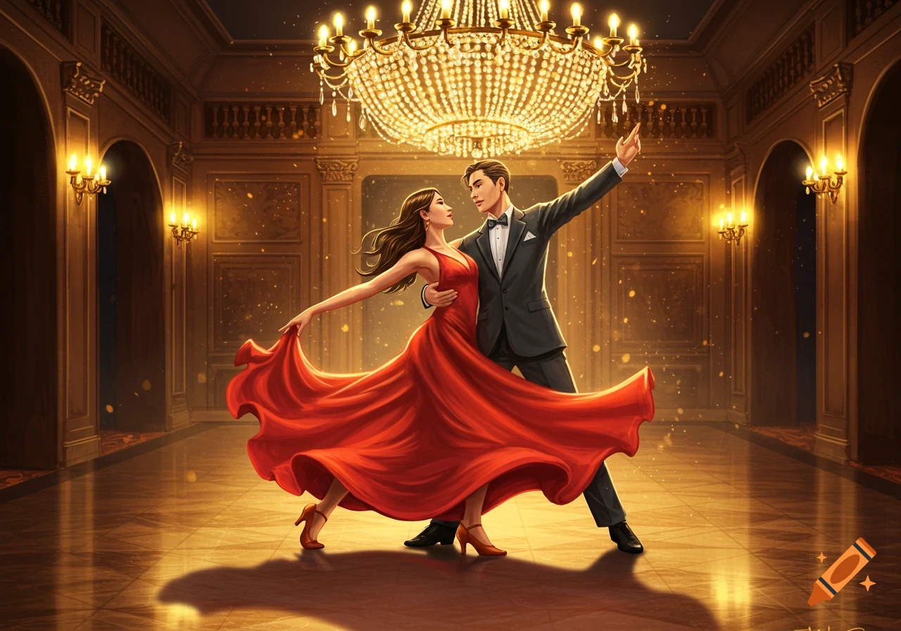 An elegant couple in formal attire dances in a lavish ballroom under a sparkling chandelier, digital illustration.