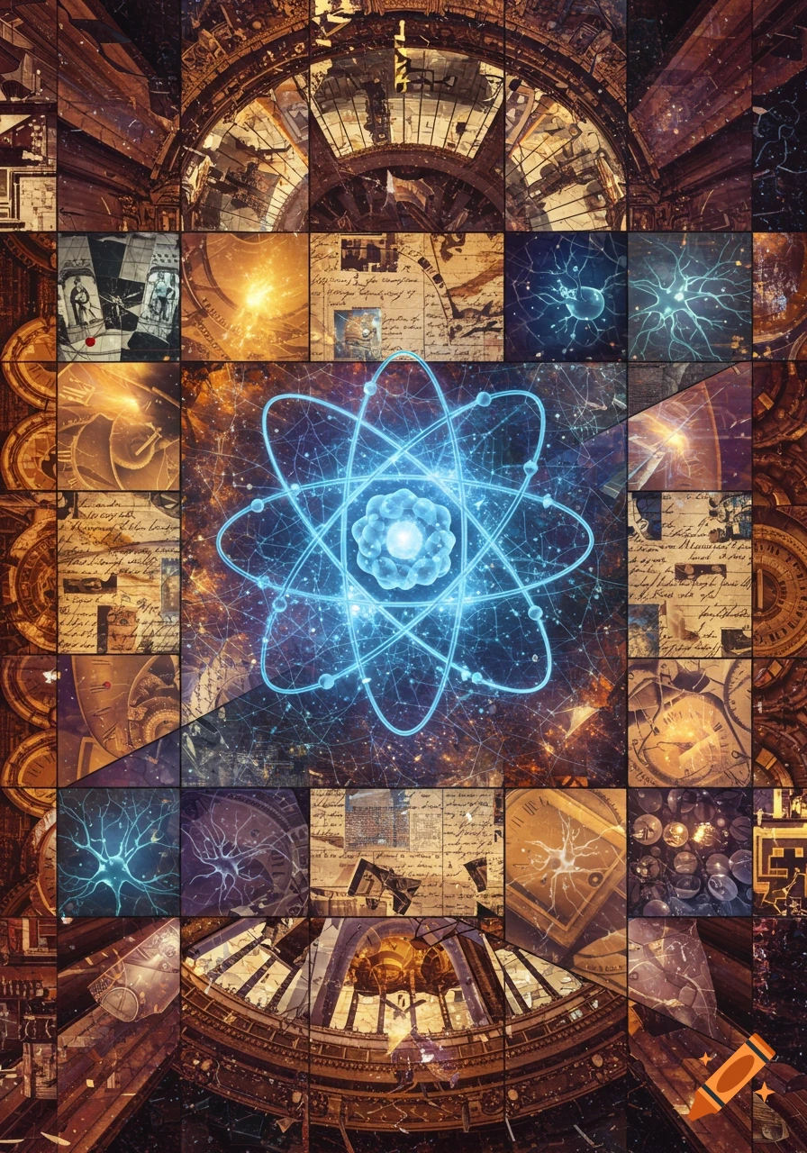 A vibrant digital tapestry with a central glowing blue atom surrounded by interwoven fragments of old documents, clockwork, neurons, and architectural elements.