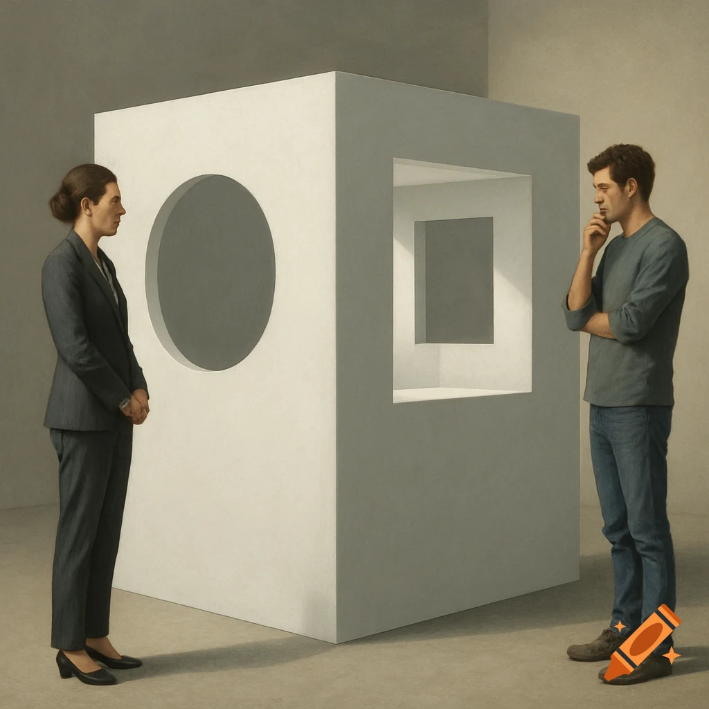 Two people observe a large white cube featuring a circular cutout and a square window, exploring perspective in a realistic art style.