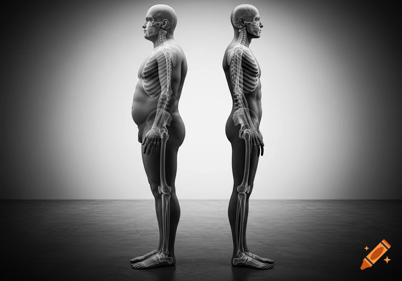 Black and white profile view of an obese man and a thin man with skeletal X-ray overlays.