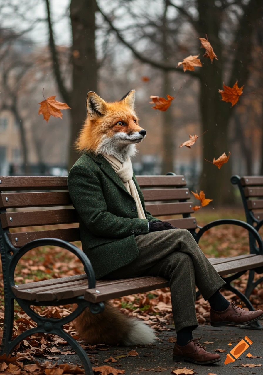 A photorealistic anthropomorphic fox in a green jacket and scarf sits on a park bench during a cloudy autumn afternoon with falling leaves.