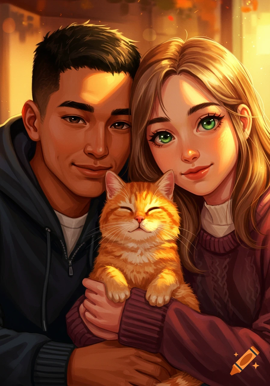 A man and woman lovingly hold a smiling orange tabby cat, rendered in a warm, vibrant digital art style.