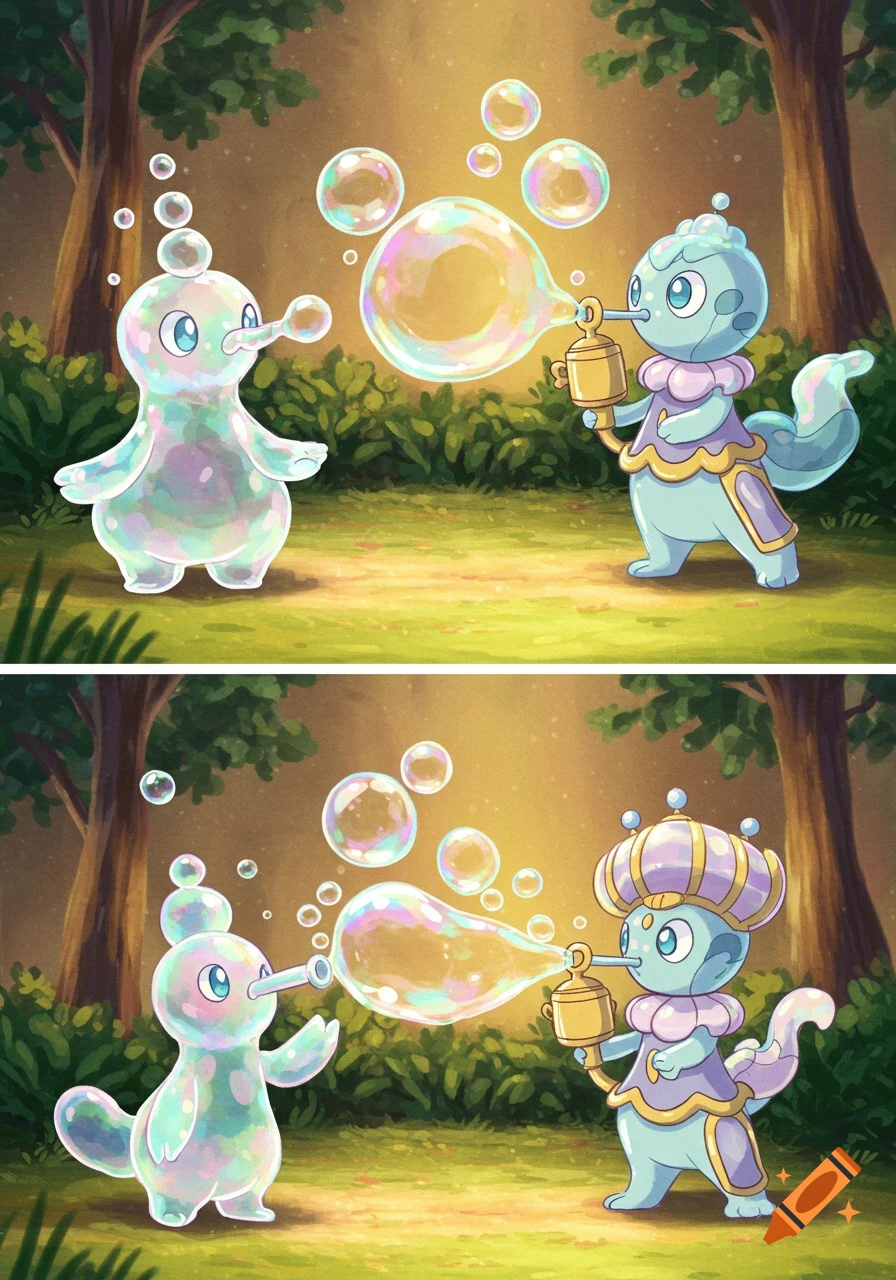 Two cartoon water Pokemon in a forest clearing. One is translucent like a bubble, the other is blue and is blowing a large bubble from a golden device.