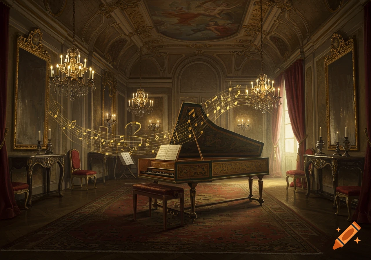 An ornate, candlelit baroque room features a harpsichord with sheet music and golden musical notes swirling above it. Rich drapes, chandeliers, and framed artwork adorn the walls.