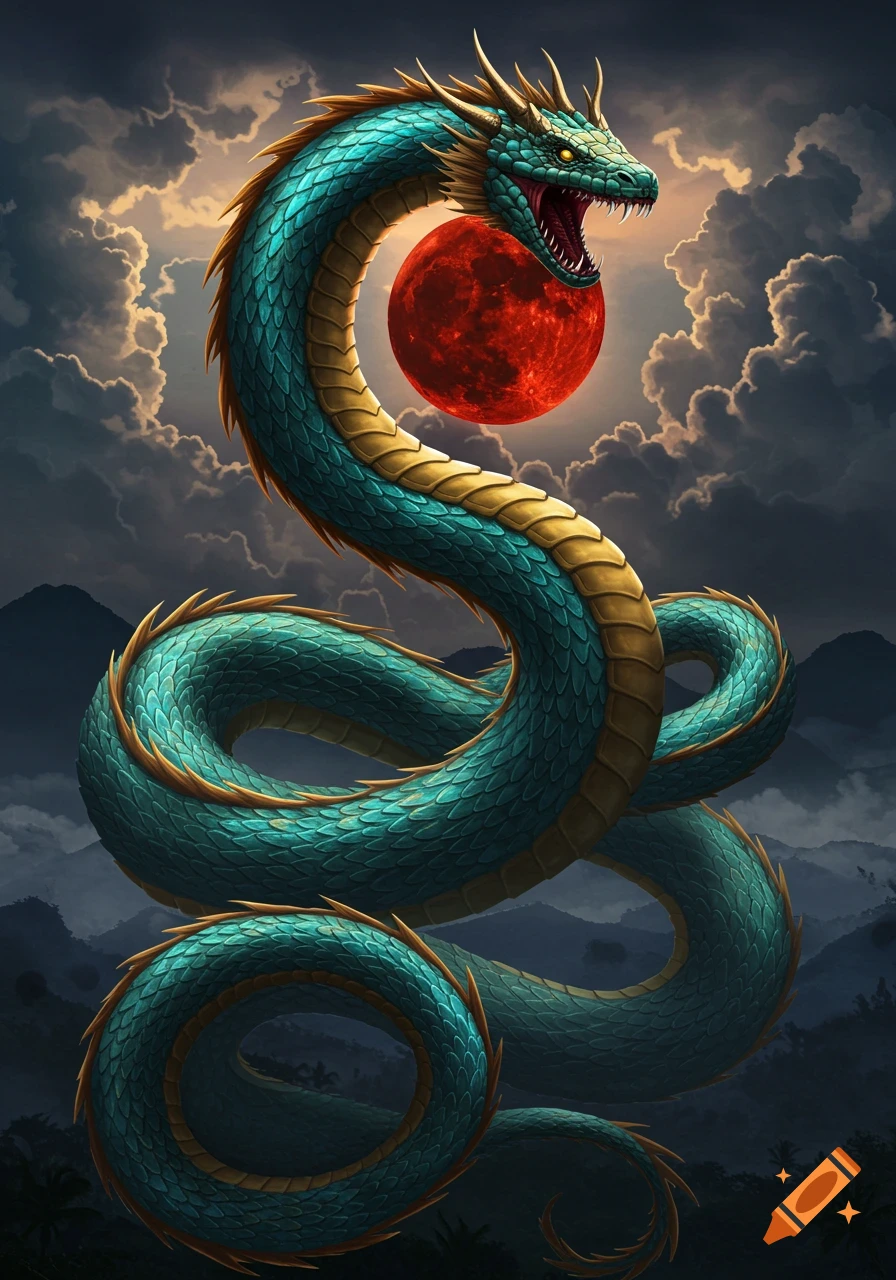 Hyper-realistic, detailed turquoise and gold Bakunawa serpent-dragon reaching for a red moon amidst stormy clouds and misty mountains.