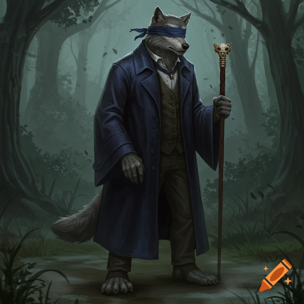 A blindfolded anthropomorphic wolfman in a dark blue coat and vest holds a sophisticated cane in a misty forest.