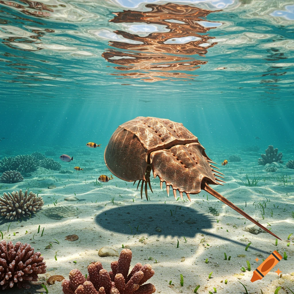 A realistic horseshoe crab swims above a sandy ocean floor with coral and small fish, sun rays filtering through clear water.