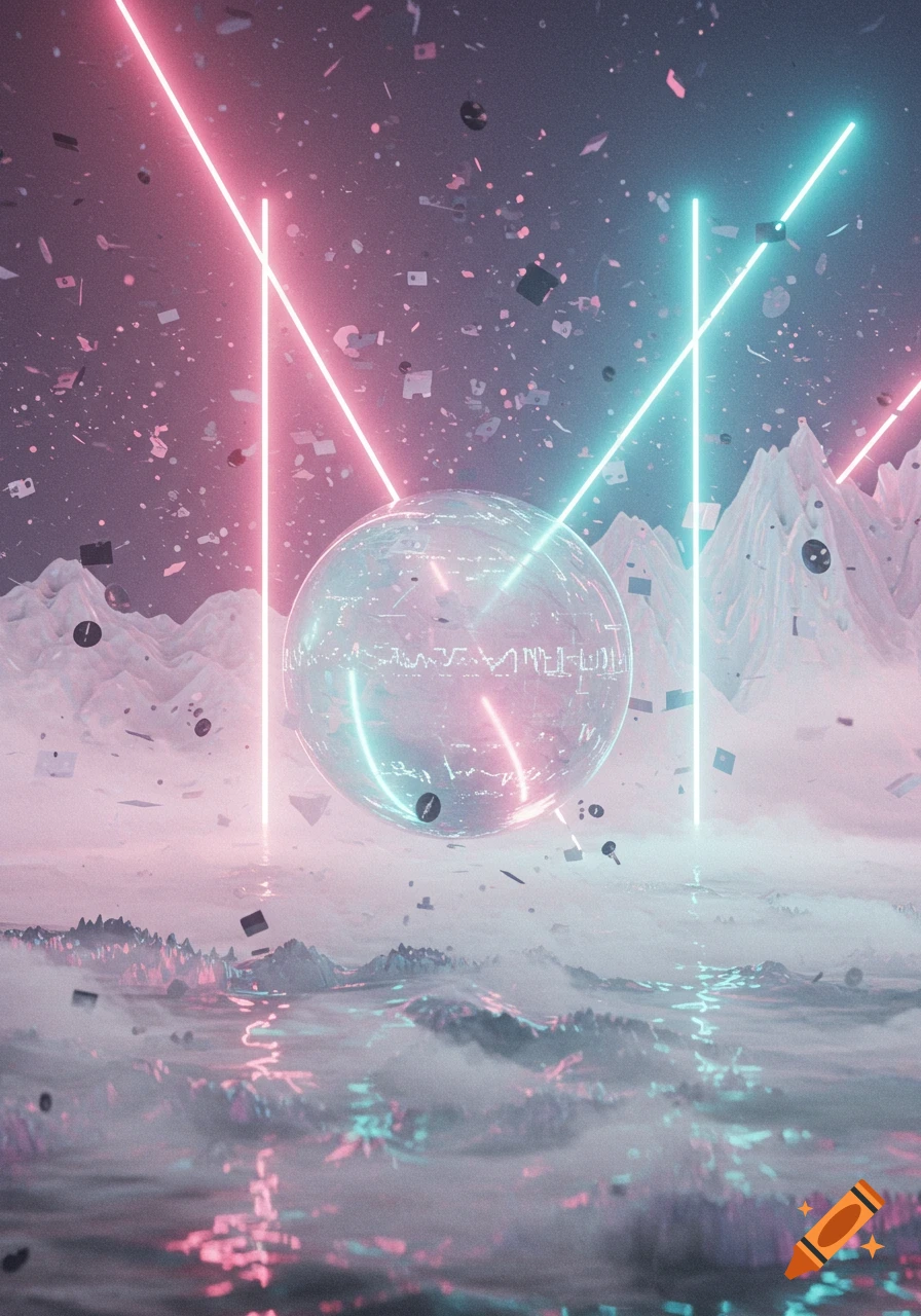 Abstract vaporwave landscape with pink and cyan laser beams crisscrossing over a glowing sphere, mountains, and misty water. Scattered digital fragments fill the air.