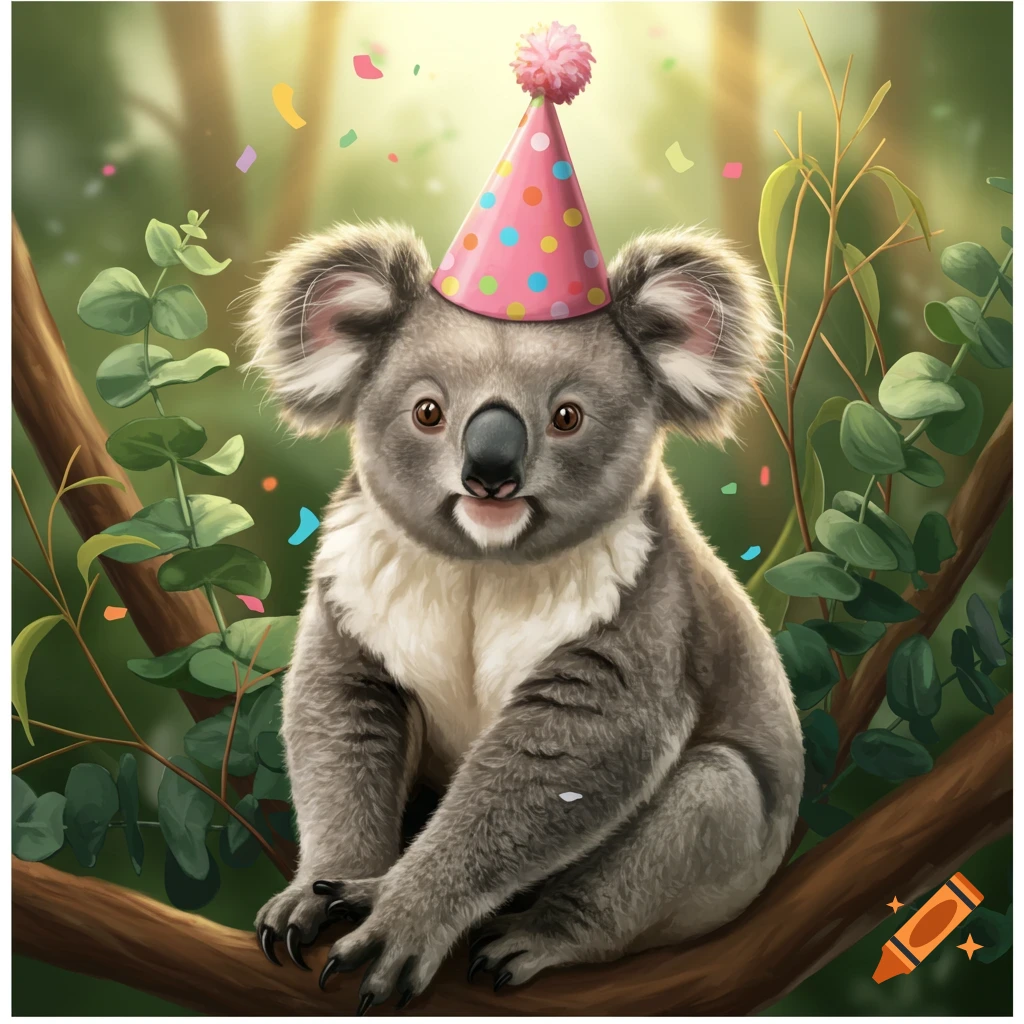 A cute koala with a pink polka-dotted party hat sitting on a tree branch with confetti.