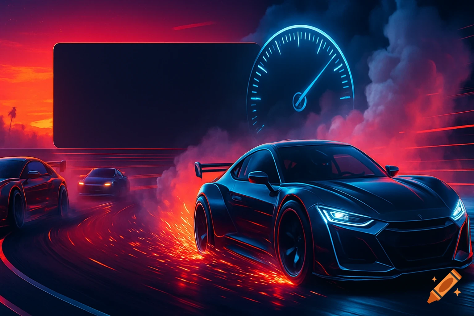 A futuristic racing banner with glowing blue cars drifting on a track at sunset, with neon lights, smoke, and sparks.