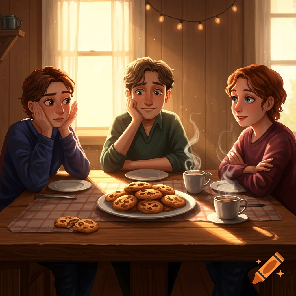 Three young people, in an illustration style, sit around a wooden table with cookies and coffee in a sunlit room; one looks guilty.