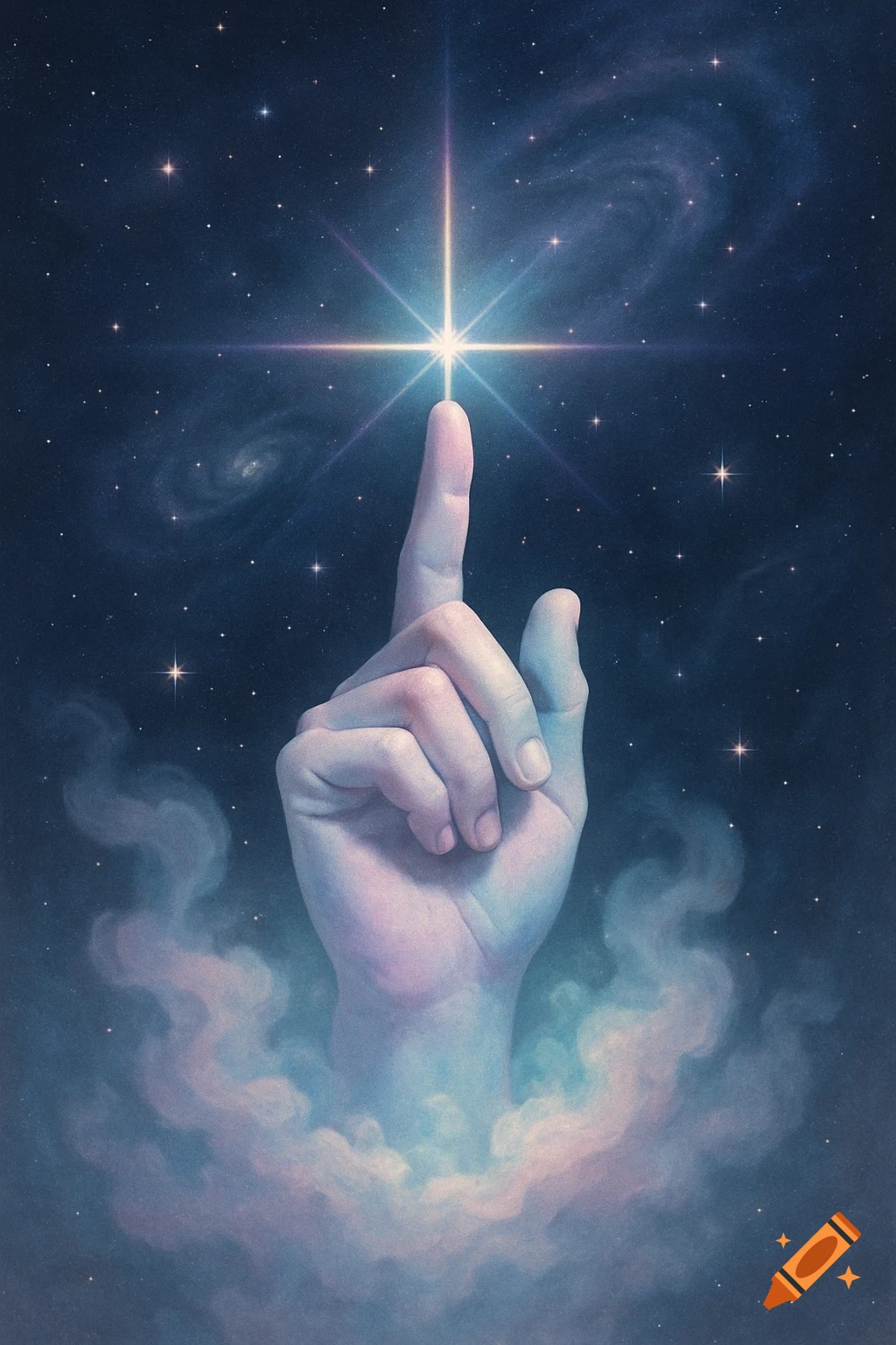 A hand extends from ethereal clouds, index finger pointing up towards a bright, star-like light in a dark, star-filled cosmic sky.