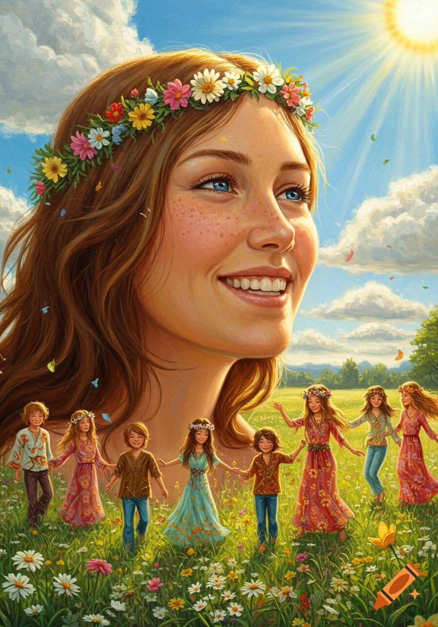 Giant smiling woman with a flower crown looks to sunny sky above a field where small children dance among wildflowers, oil painting.