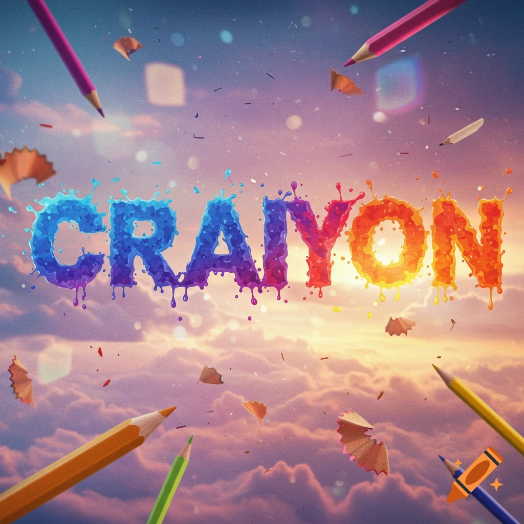 Colorful dripping text 'CRAYON' floats in a sunset sky with pencils and shavings.