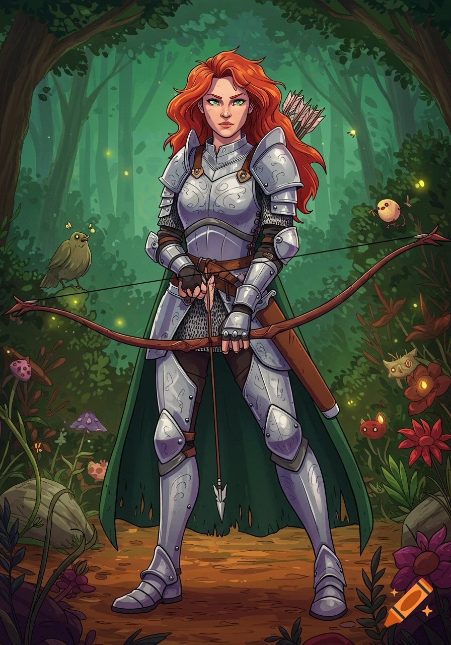 Cartoon of a red-haired female archer in full armor holding a bow in a lush, enchanted forest.