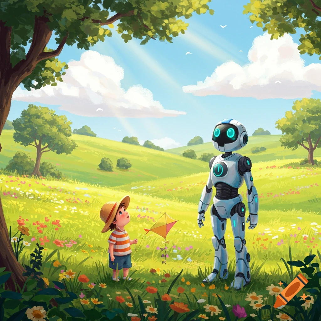 An illustration of a child in a straw hat holding a kite, looking up at a robot in a sunny, flower-filled green field.