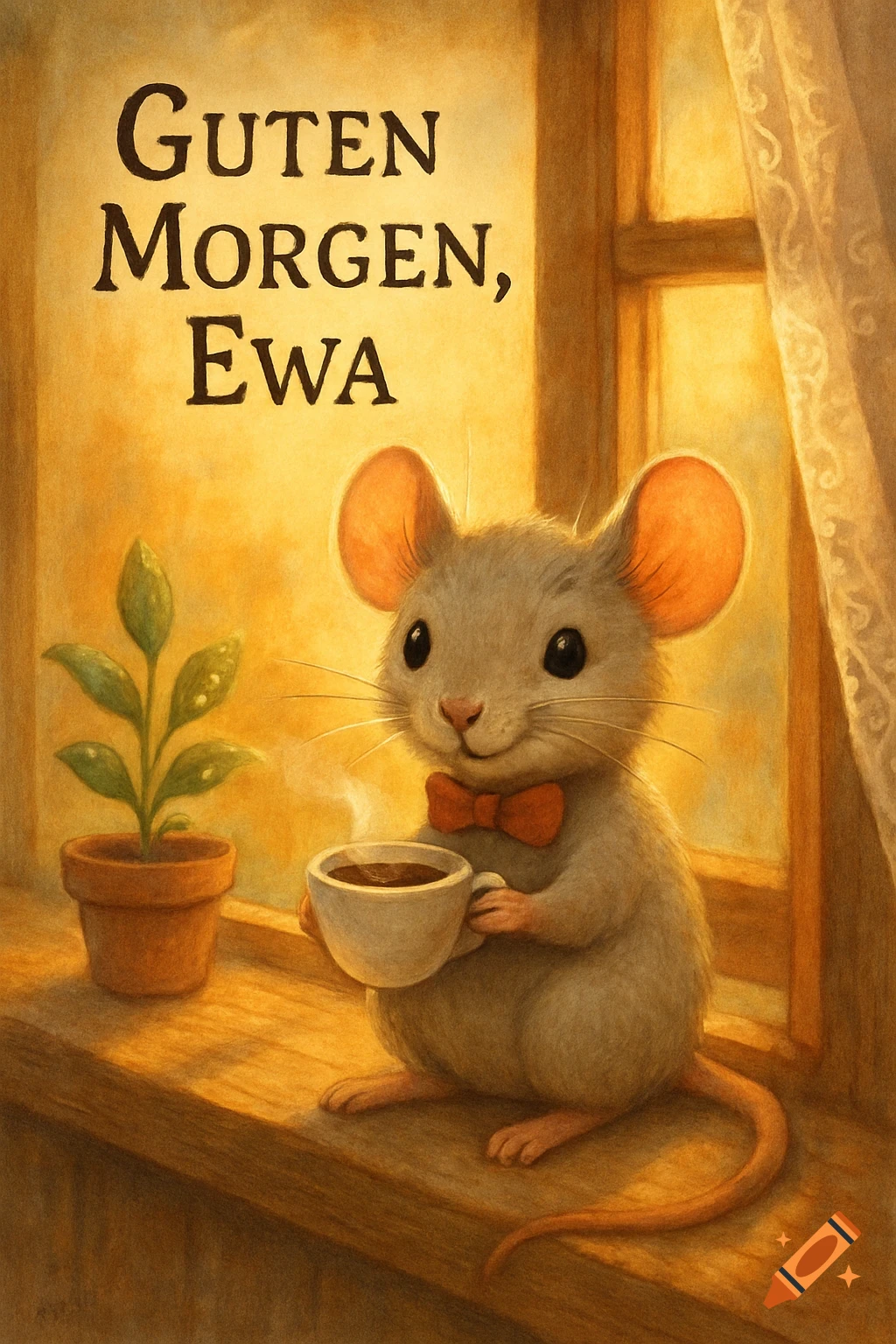 Cute cartoon mouse with a red bow tie holding a steaming coffee cup on a sunlit windowsill. Text reads 'Guten Morgen, Ewa'.