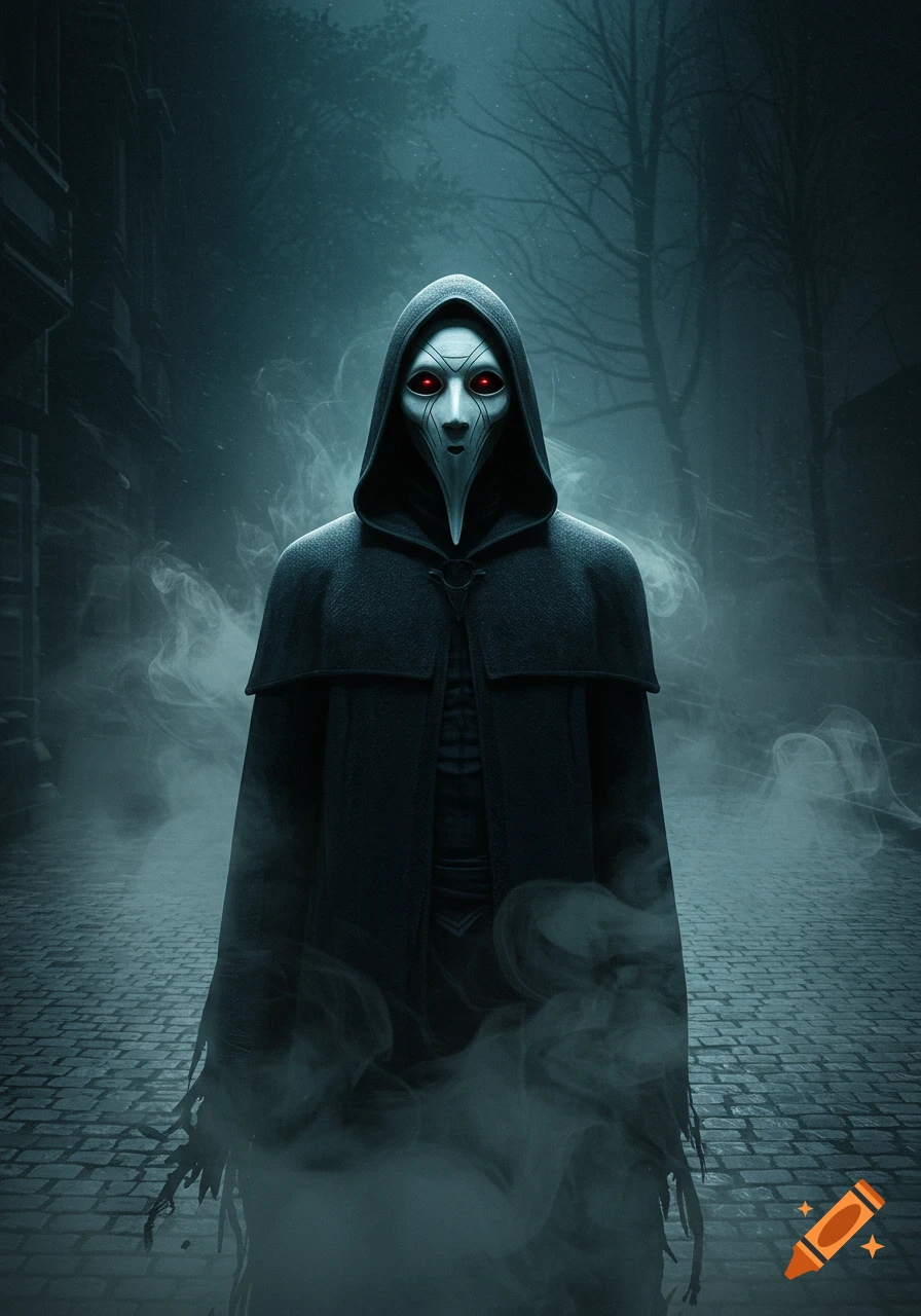 A hooded figure in a plague doctor-like mask with glowing red eyes stands in a dark, foggy, cobbled street at night.