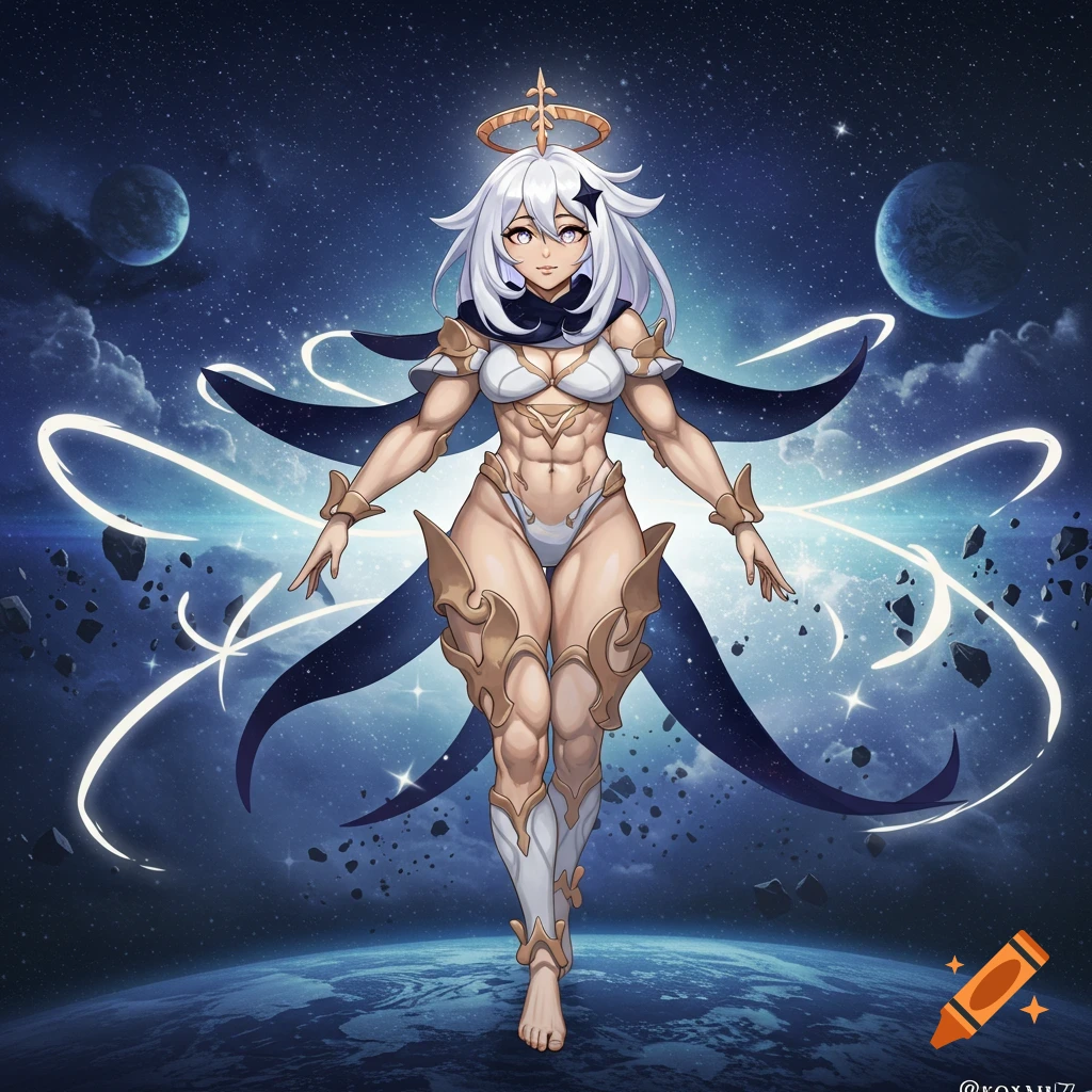 Muscular Paimon from Genshin Impact, a white-haired anime character, in a white and gold outfit, floats in a star-filled space with planets.