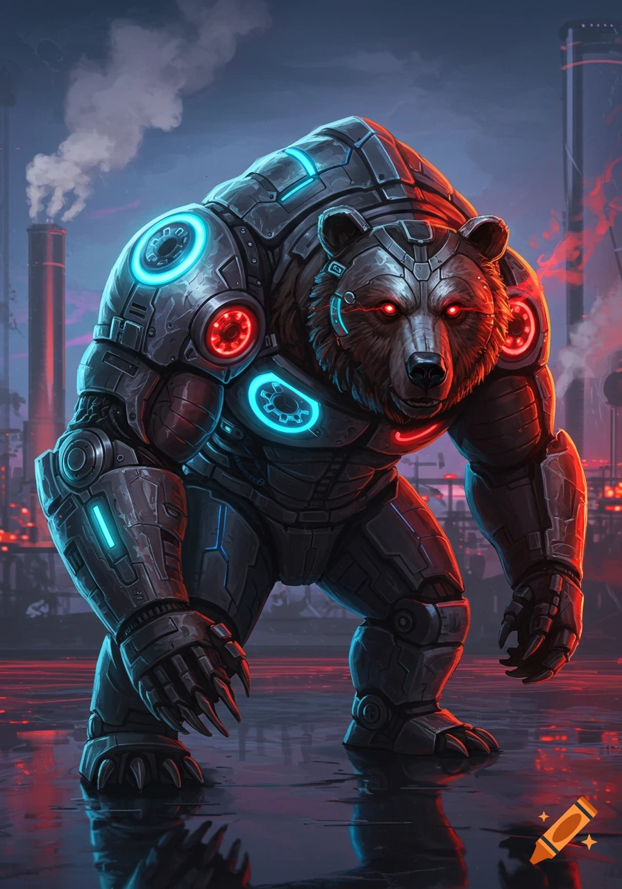 Powerful armored robotic bear with glowing red eyes and blue/red lights, standing on wet ground with industrial background.