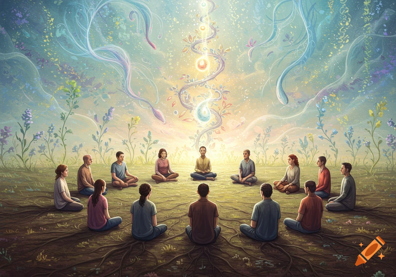 Diverse people meditate in a circle on rooted ground, ethereal light and plants rise into a vibrant, spiritual sky, surreal art.