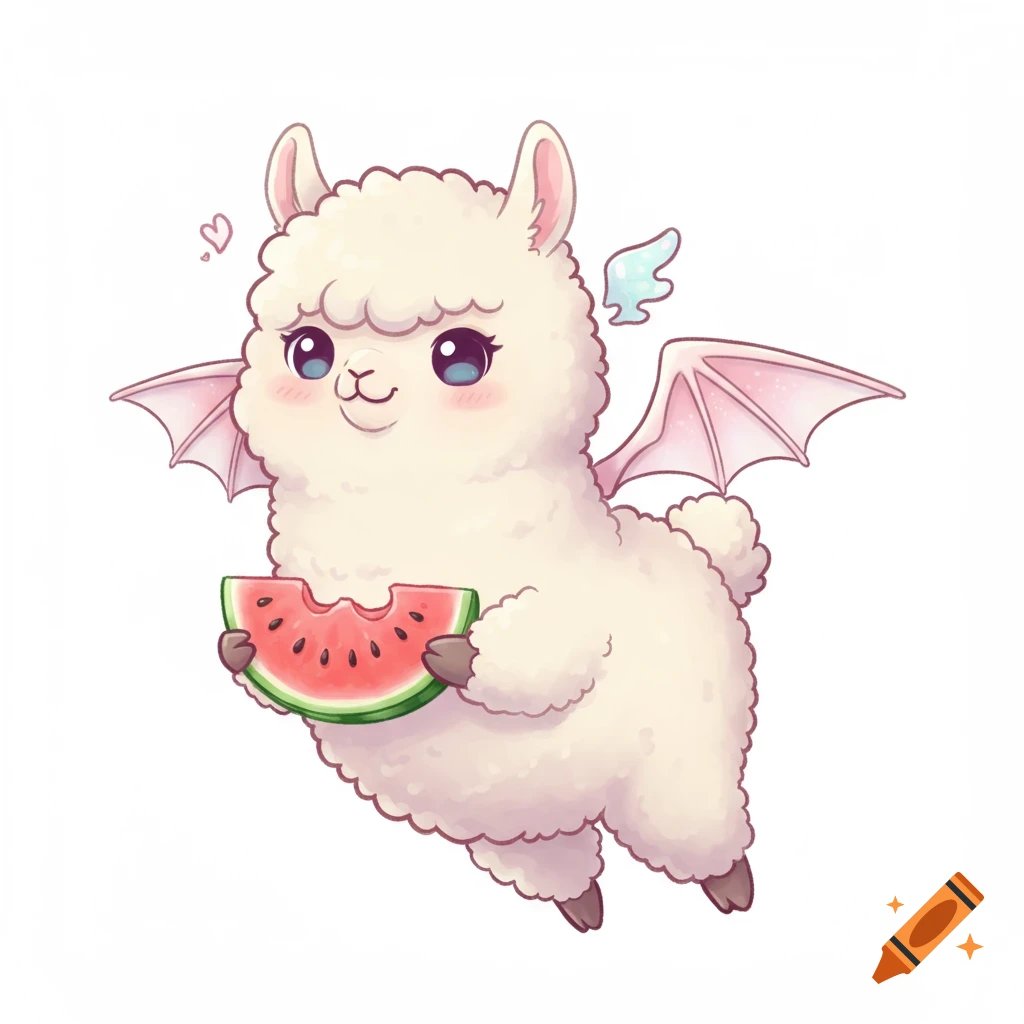A kawaii chibi white alpaca with pink dragon wings carries a watermelon slice, illustrated in a soft anime style.