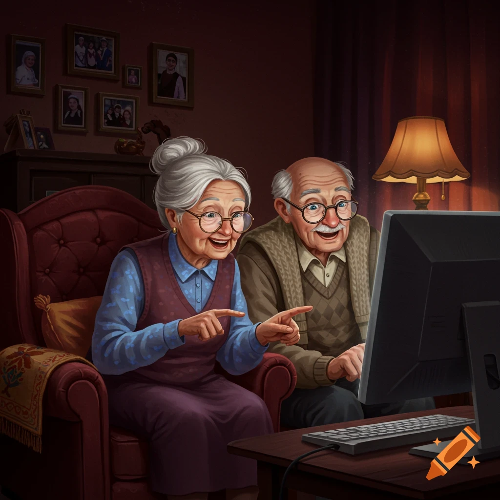 An elderly couple, smiling and pointing at a computer monitor in a cozy, illustrated home setting.