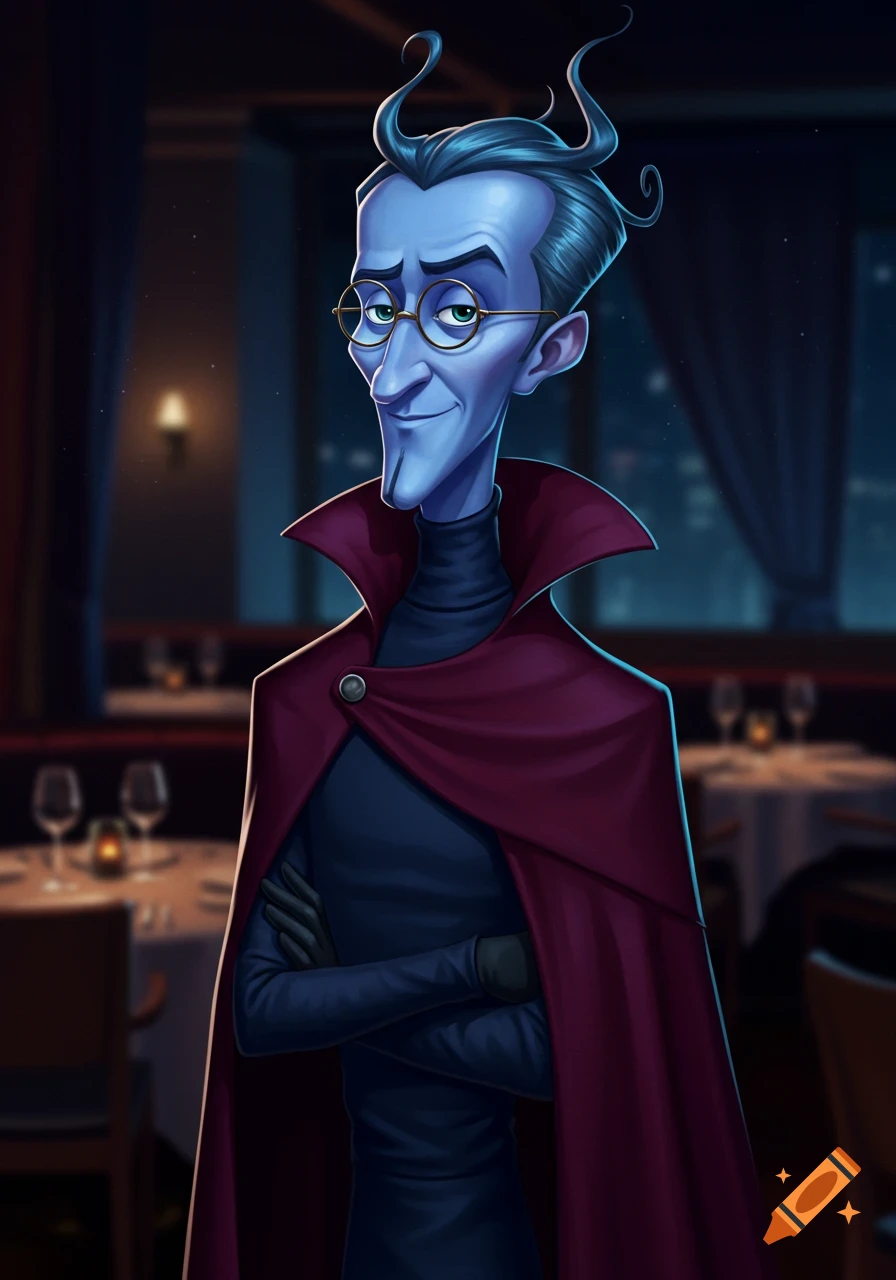 A blue-skinned, lanky cartoon man with pointed hair and glasses, wearing a black turtleneck and red cape, stands in a restaurant.