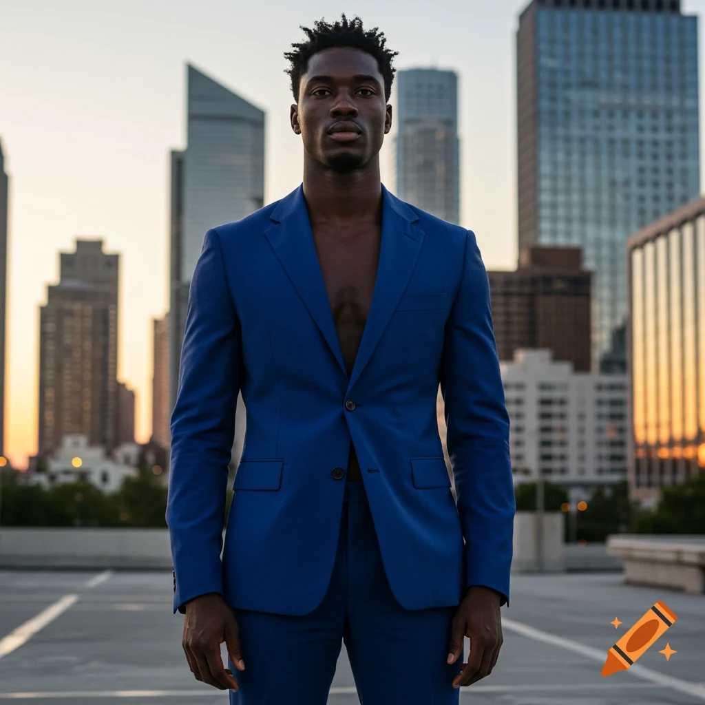 Photorealistic portrait of a Black man in an open blue suit, standing on a rooftop with a city skyline at sunset.