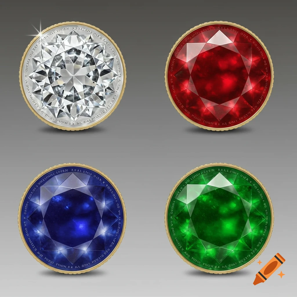 Four round, faceted gemstones set in gold borders: a clear diamond, a red ruby, a blue sapphire, and a green emerald, on a grey background.