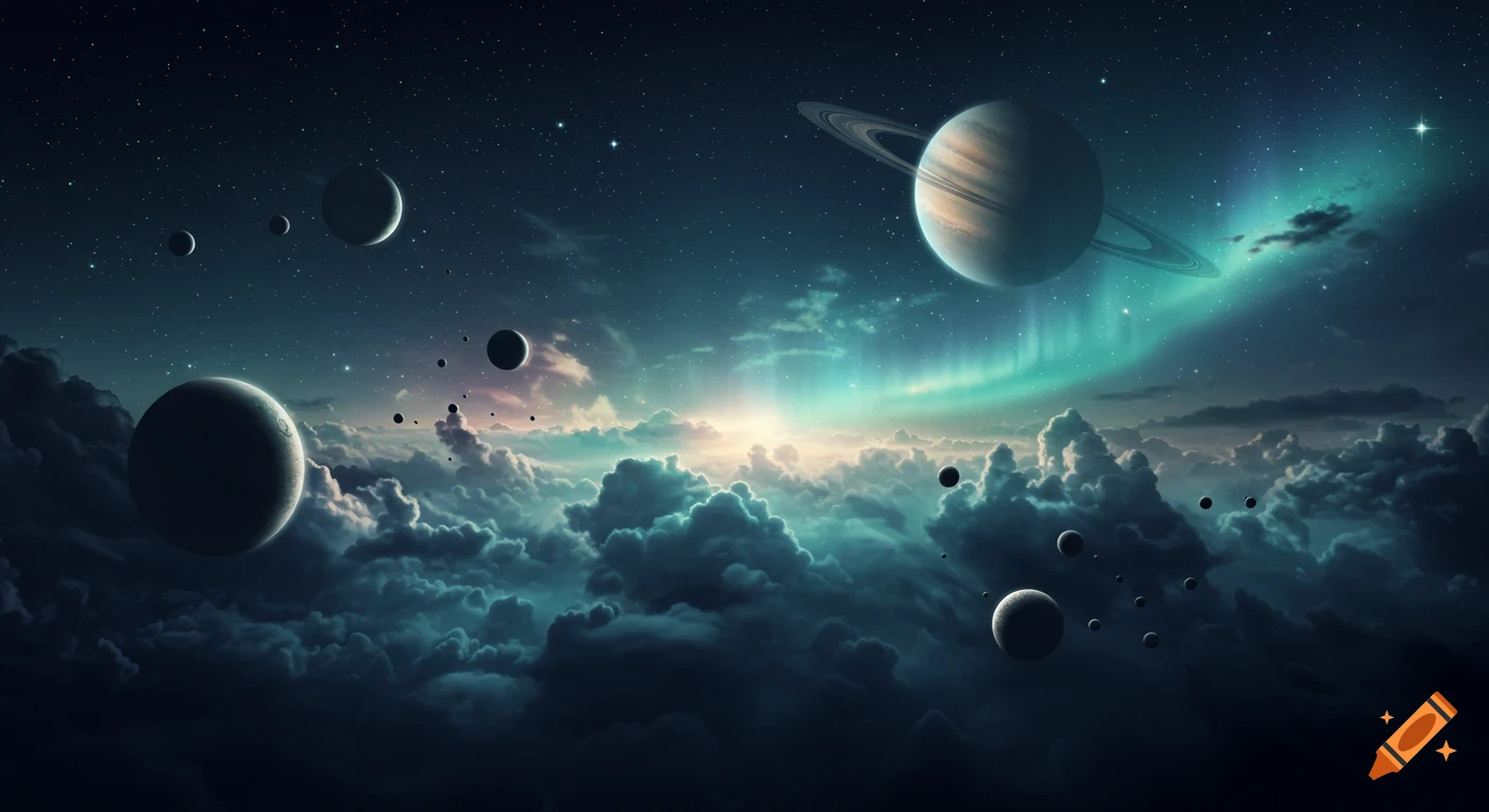 A surreal cosmic landscape featuring ringed planets and moons above a sea of soft clouds, illuminated by a bright sun and ethereal aurora.