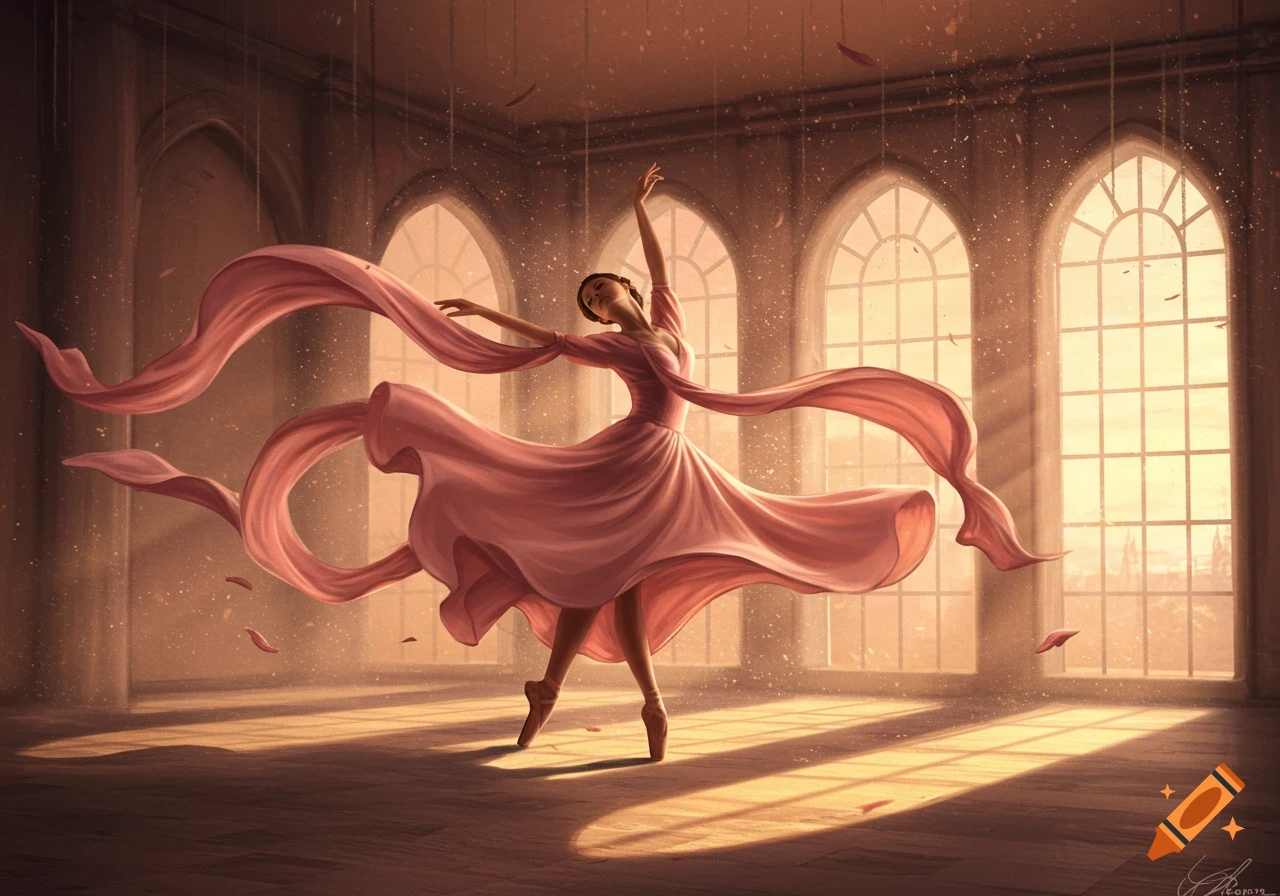 Artistic painting of a ballerina in a flowing pink dress dancing on pointe in a sunlit hall with arched windows.