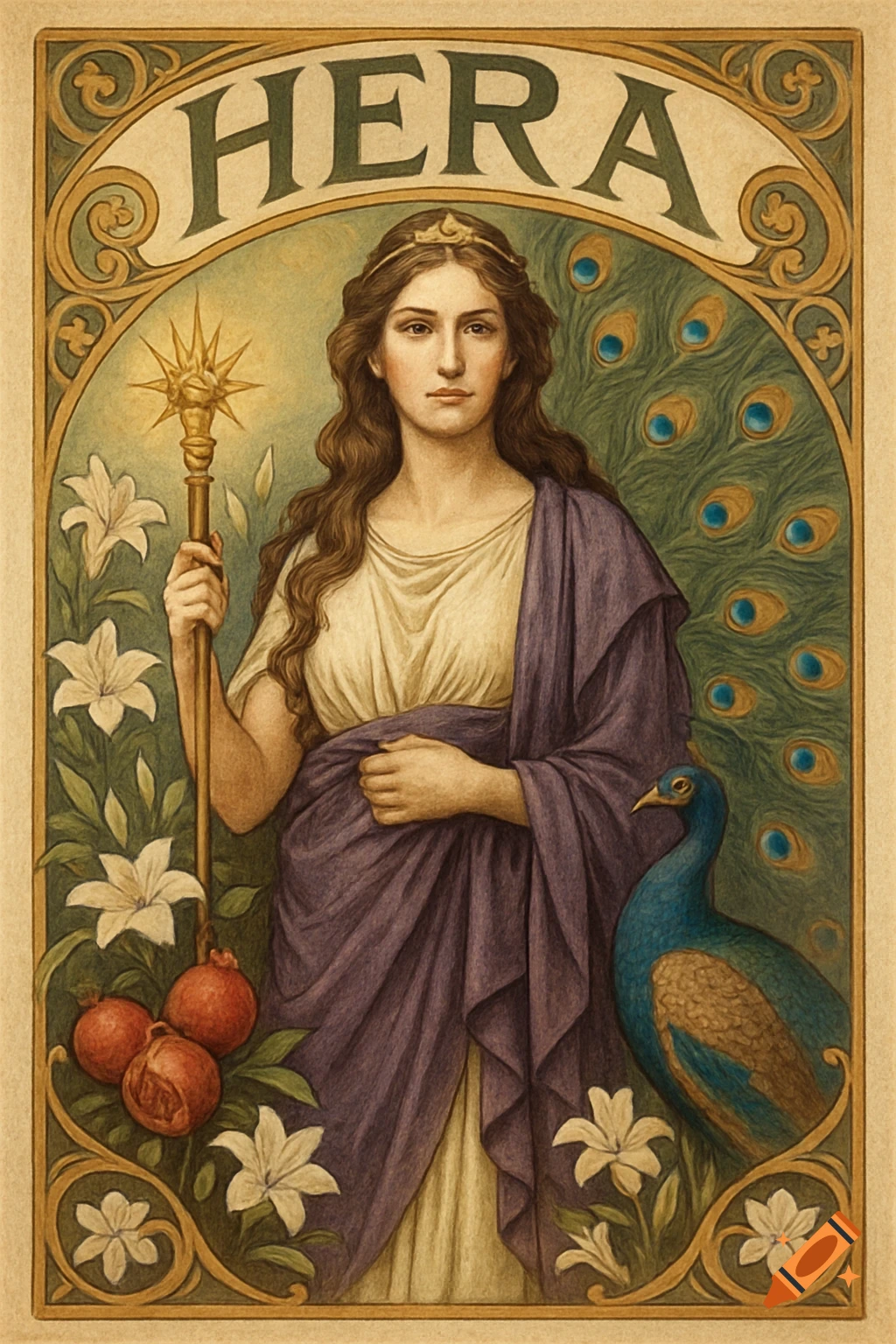 Art Nouveau portrait of goddess Hera in toga, with scepter, peacock, pomegranates, and lilies, text 'HERA' at top.