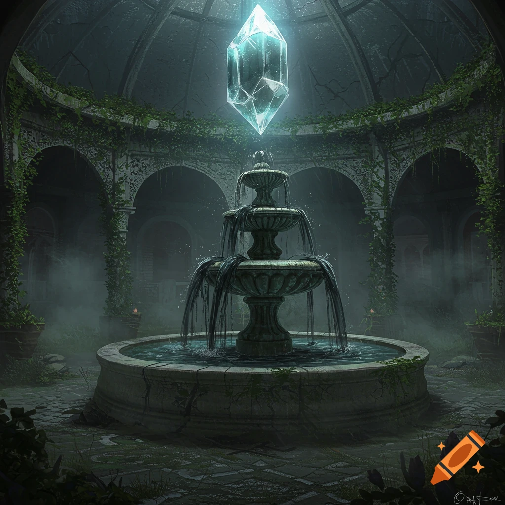 A mystical, glowing crystal floats above a dark water fountain in a ruined, overgrown Victorian pool house.