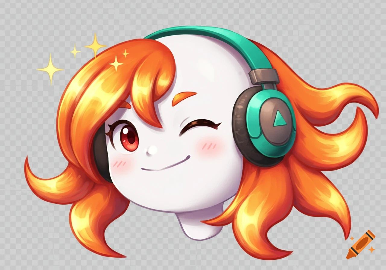 Stylized white floating head with orange wavy hair, red winking eye, and teal headphones, sparkling with stars.